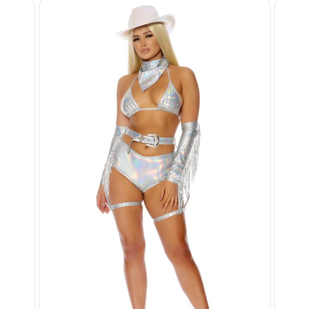 Fashion Nova Iridescent Silver Fringe Bikini Set-Cowgirl Costume